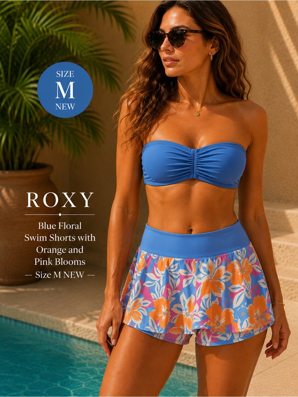 Roxy Blue Floral Swim Shorts with Orange‎ and Pink Blooms NEW M